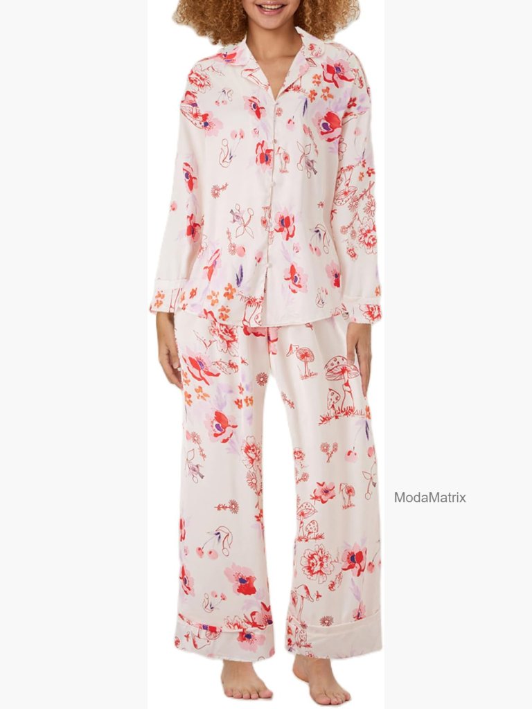 Floral Pajama Set, Long Sleeve Button Down Shirt With Pants 2 Piece Sleepwear
